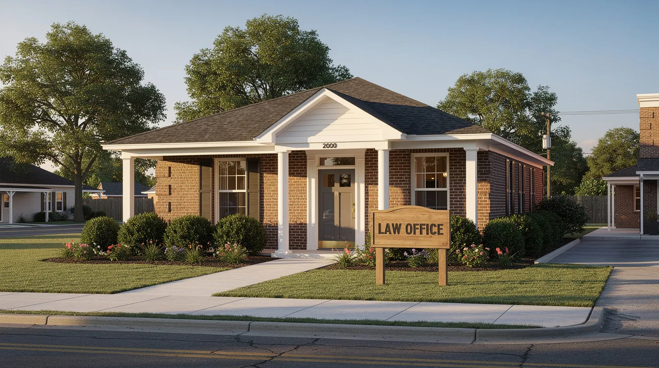 The image depicts a charming small-town law office in Mississippi, featuring a welcoming front entrance surrounded by lush green landscaping. This inviting space suggests a focus on community services and financial assistance, potentially offering guidance on government benefits like supplemental security income and social security disability insurance for families and individuals in need.
