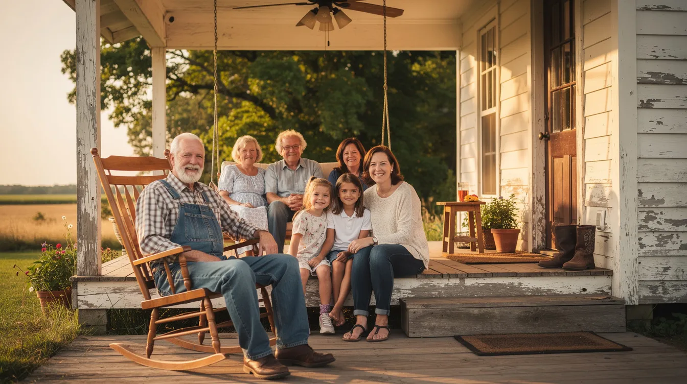 A joyful family sits together on a porch in a rural Mississippi setting, radiating relaxation and happiness. They enjoy each other's company, symbolizing the importance of family support in planning for a secure future and accessing available benefits like supplemental security income and social security disability insurance.