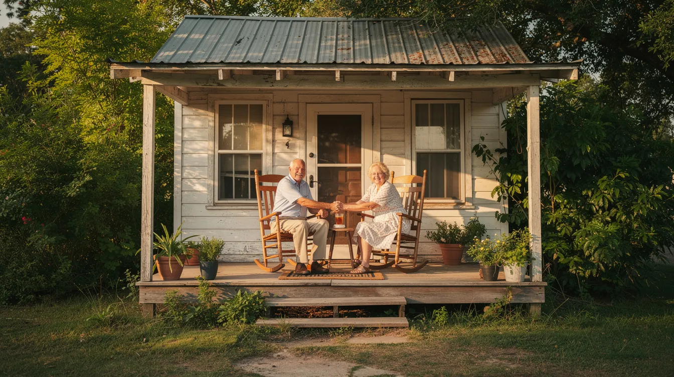 An elderly couple sits together on the porch of a modest Southern home, surrounded by lush green trees, enjoying each other's company. This serene setting reflects the importance of estate planning and asset protection strategies, such as Medicaid asset protection trusts, to ensure financial security in retirement and long-term care.